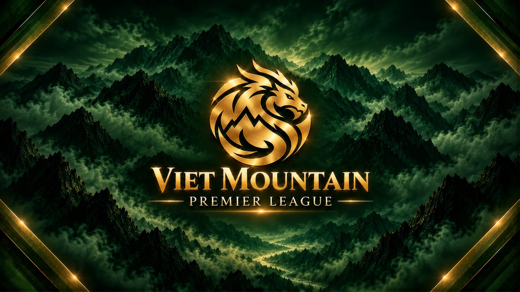 Viet Mountain Premier League — gold dragon crest over misty green mountains